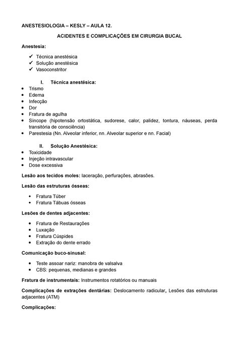 Acidentes E Complica Es Em Cirurgia Bucal Anestesiologia Kesly