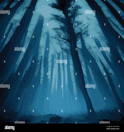 Silhouettes Of Trees In A Dark Night Forest With A Blue Haze Tint