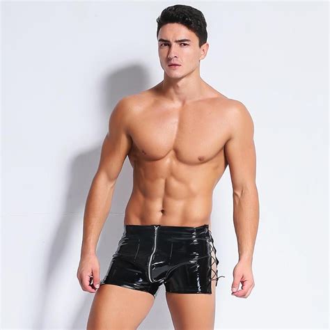 Strong Men Black Faux Pu Leather Latex Shorts Boxers Trunks Erotic Pvc