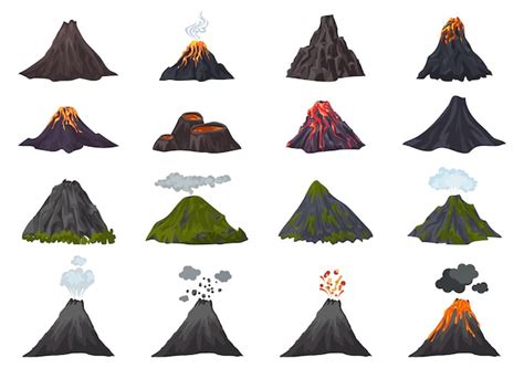 Conjunto De Iconos De Volcán Estilo De Dibujos Animados Vector Premium