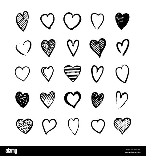 Heart Icons Hand Drawn Set In Doodle Style Sketchy Design Elements For
