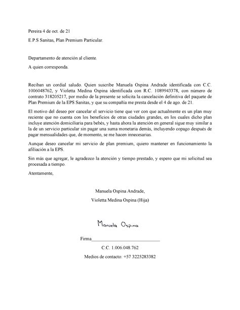 Carta De Cancelación Eps Sanitas Manuela Ospina Pereira 4 De Oct De