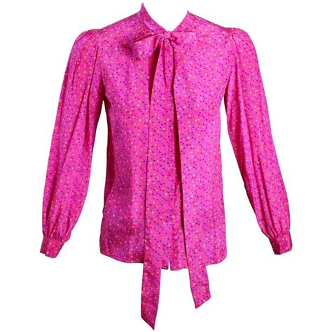 1970s yves saint laurent pink confetti print silk bow tie blouse ysl for sale at 1stdibs