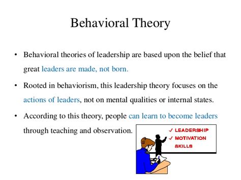 Situational behavior (not stabile traits) are central (different to trait theory). Leadership theories