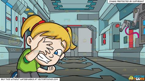 a very afraid girl trying to hide herself from danger and interior of a space station background