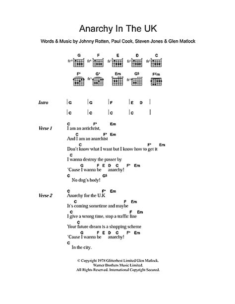 Anarchy In The Uk Sheet Music By The Sex Pistols Lyrics And Chords 100853