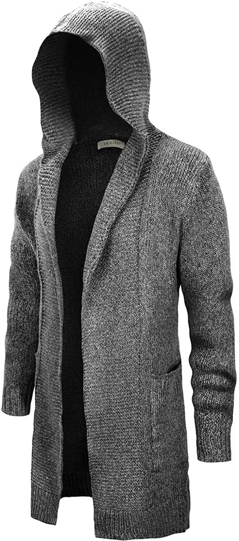 Vicalled Mens Long Cardigan Sweater Hooded Knit Slim Fit Open Front