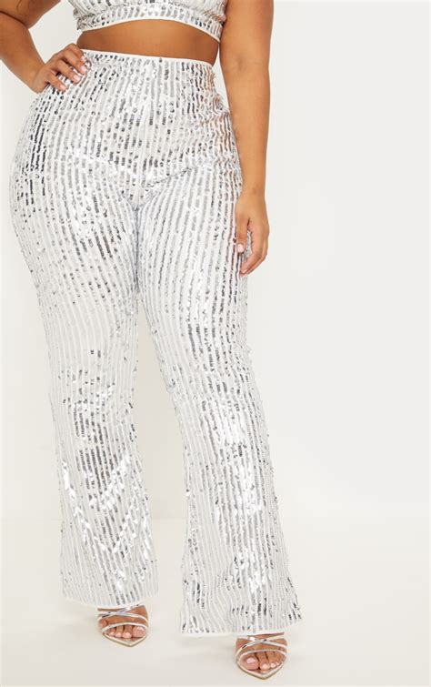 Silver Sequin Flare Pants Plus Size Prettylittlething Uae