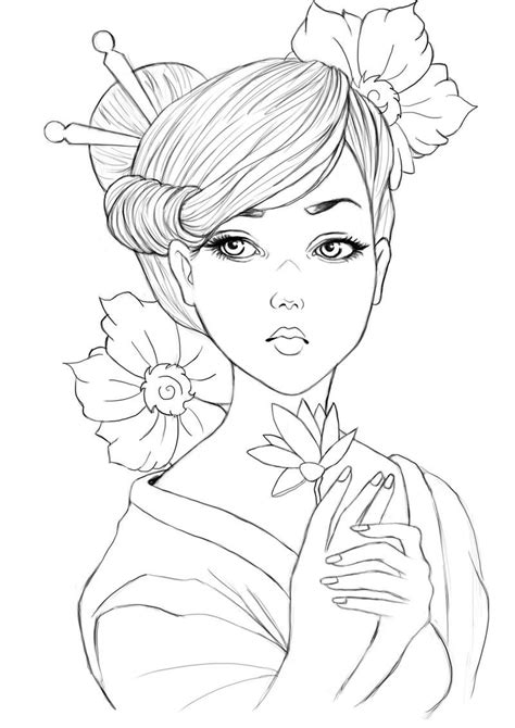 Geisha Lineart By Raffa3le On Deviantart People Coloring Pages