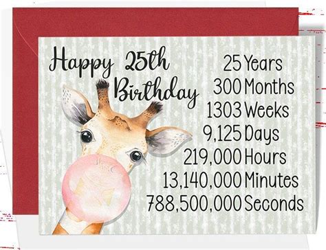 25th Birthday Card Giraffe Birthday Card For 25th Birthday Cute Card