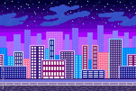 Pixel Art Night City Background Detailed Vector Illustration Stock ベクター