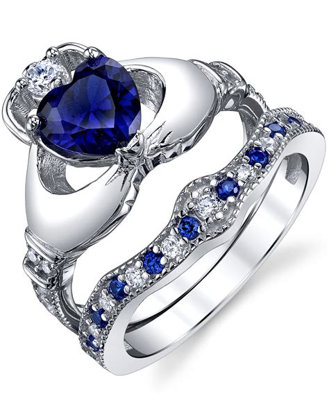 Sterling Silver Irish Claddagh Love Engagement Wedding Ring Sets Simulated Sapphire Blue