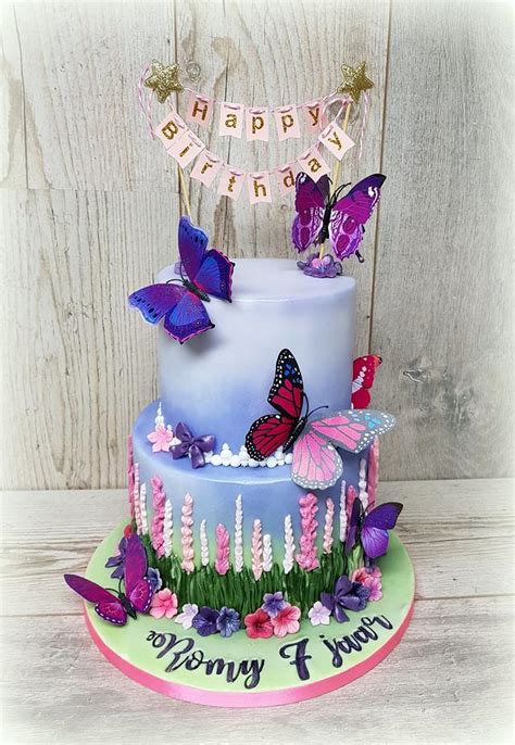 Cake with flowers and butterflies. Purple butterfly cake - Cake by Sam & Nel's Taarten ...