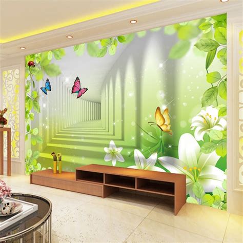 Custom Printed Wallpaper Lily Butterfly Green Leaf Modern Wall Painting