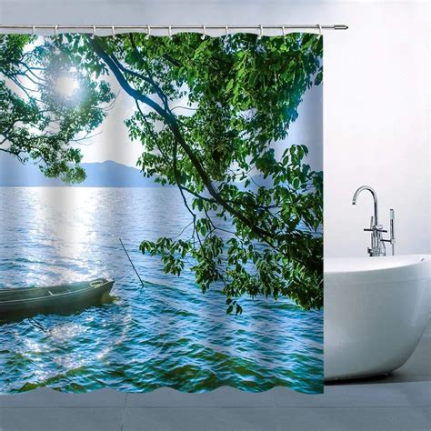 Natural Scenery Theme Shower Curtain Golden Sun Green Tree Leaves Hill