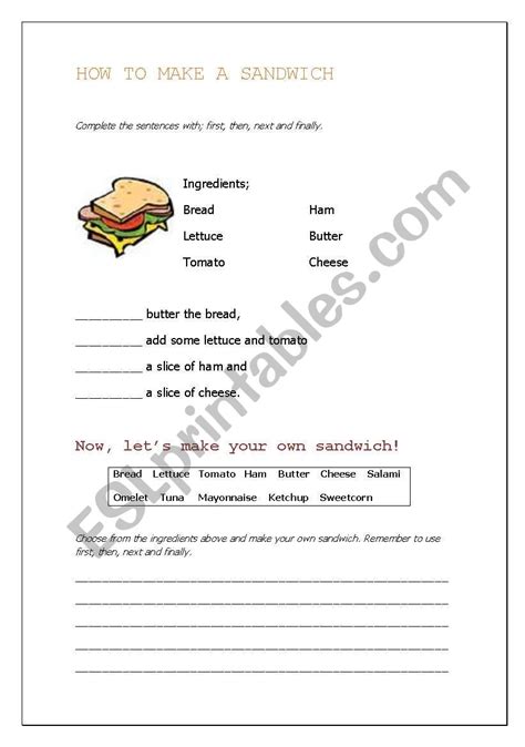 In the first exercise they have to complete the sentences with first, then, next and finally. how to make a sandwich - ESL worksheet by mcroig