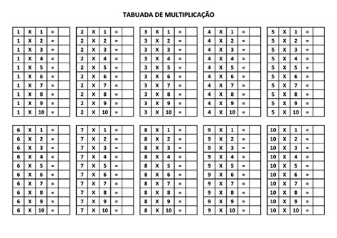 Tabuada Da Multiplicação Para Completar Atividades Escolares