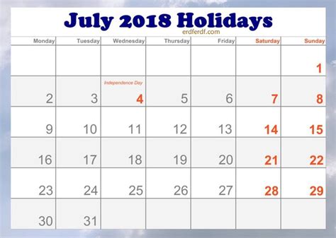 2018 July Holidays Calendar In Usa Printable Holiday Calendar July