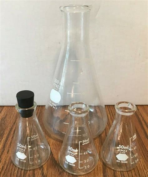 Lot Of 4 Pyrex And Kimax Graduated Erlenmeyer Flasks W 1 Stopper 500ml