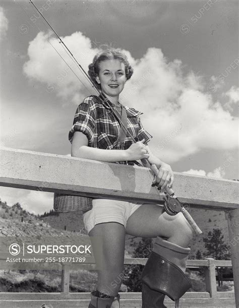 Vintage Photograph Woman With Fishing Gear Standing On Bridge Model Released Superstock