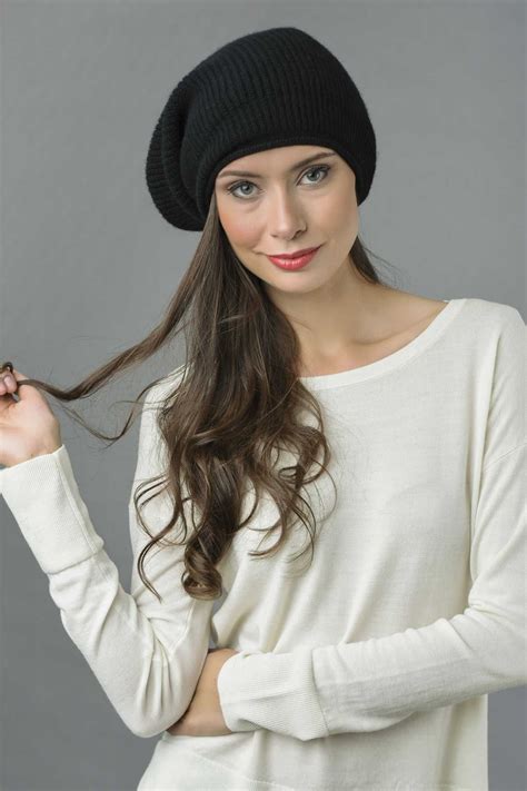Pure Cashmere Ribbed Knitted Slouchy Beanie Hat In Black Knit Slouchy