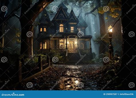 Eerie Victorian Haunted House in Moonlit Forest Stock Illustration
