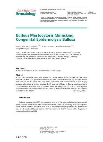 Bullous Mastocytosis Mimicking Congenital Epidermolysis Bullosa