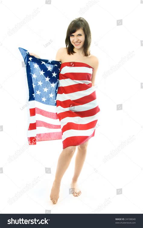 Cheerful Beautiful Nude Woman Wrapped Into The American Flag Stock