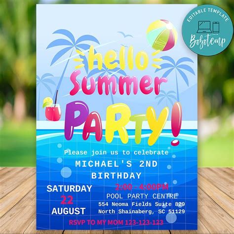 Printable Hello Summer Pool Party Birthday Invitations Instant Download