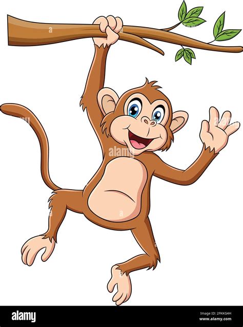 Cute Monkey Hanging On A Tree Branches Cartoon Animal Vector
