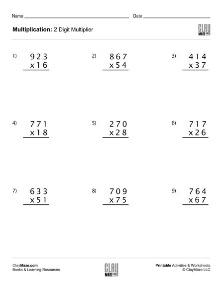 Vertical 2 digit × 2 digit worksheet. Multiplication using 3 Digits with 2 Digit Multiplier (Set ...