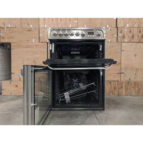 refurbished hotpoint ultima hue61x 60cm double oven electric cooker with ceramic hob stainless