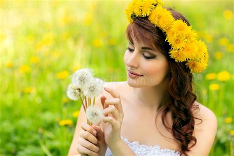 Beautiful Girl With Dandelion Flowers In Green Field Stock Image Image Of Natural Adult