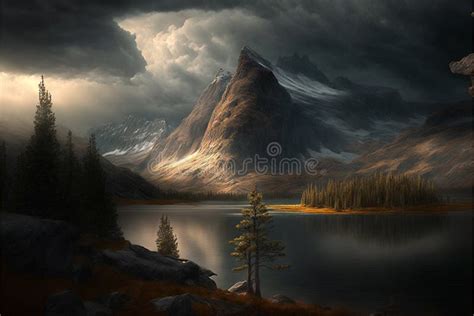 Dramatic Landscape Illustration With Cloudy Skies And Beautiful Nature