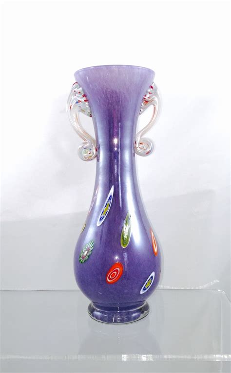 Vintage Murano Italy Purple Iridized Millefiori Handle Vase