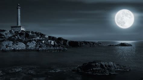 Full Moon Night Landscape With Rocky Sea Shore And Lighthouse Stock
