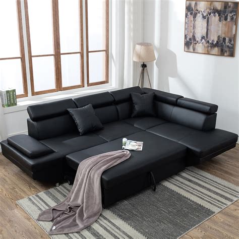 Contemporary Sectional Modern Sofa Bed Black With Functional Armrest