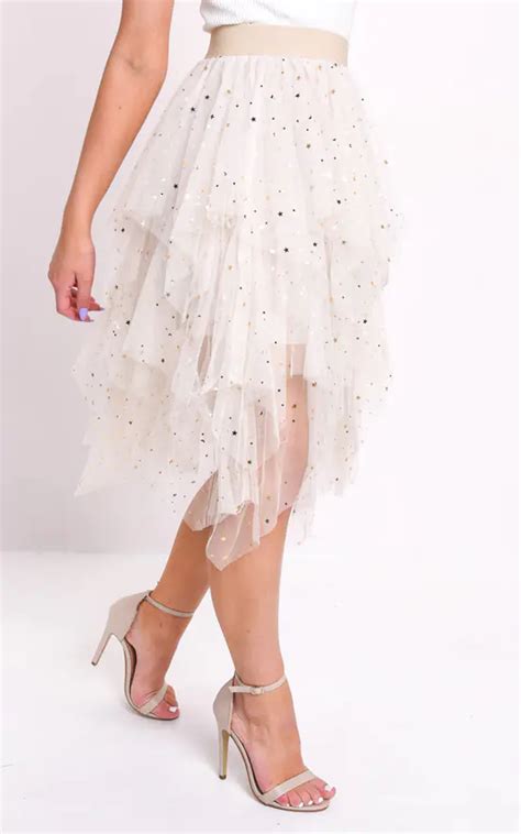High Waisted Tiered Tulle Star Sequin Skirt Beige Lily Lulu Fashion