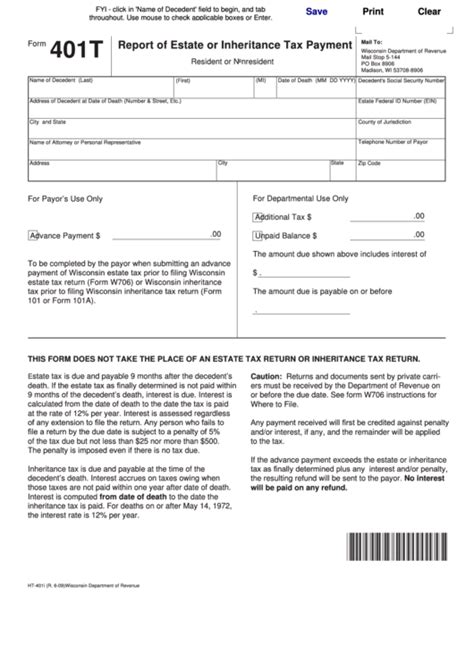 Fillable Form 401t Report Of Estate Or Inheritance Tax Payment