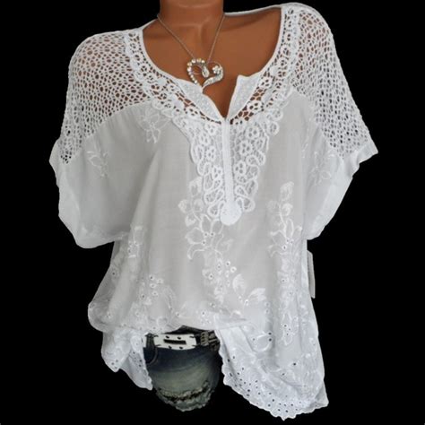 4xl Womens Lace Blouses Sexy V Neck Short Sleeve Embroidered Batwing Loose Shirt Summer White