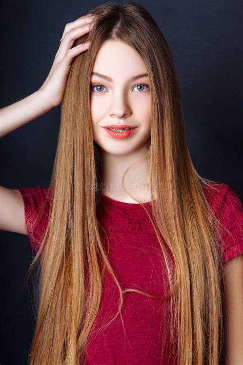 Cute Girl Teenage With Long Hair Posing Studio Nature Portrait Stock