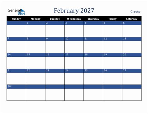 February 2027 Calendar With Greece Holidays