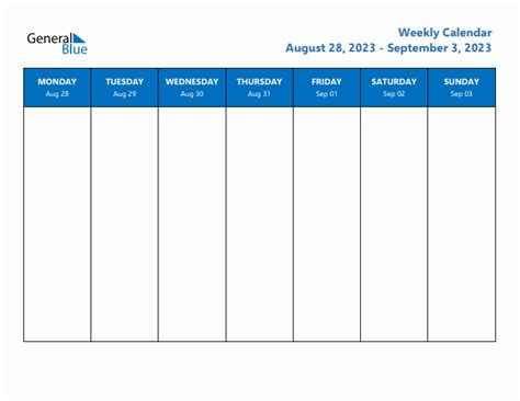 Weekly Calendar With Monday Start For Week 35 August 28 2023 To