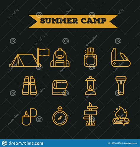 Set Of Summer Camp Icons Vector Illustration Decorative Design Stock