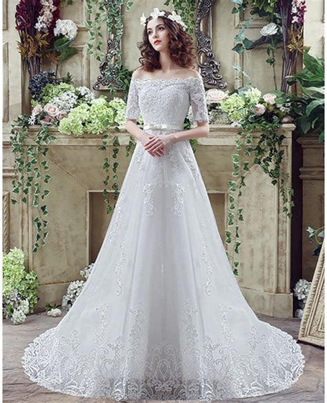 Cheap Gorgeous Princess Lace Wedding Dress With Off The Shoulder