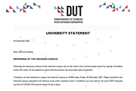 University Statement 03 December 2021 Reopening Of Dut Indumiso