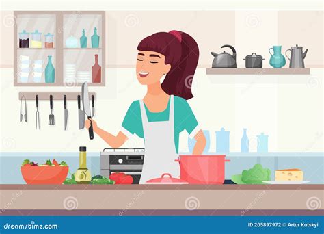 Girl Cooking Food Cartoon Young Woman In Apron Holding Knife To Cook