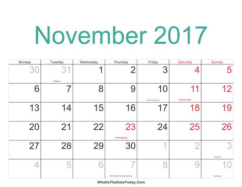 November 2017 Calendar Printable With Holidays Whatisthedatetodaycom