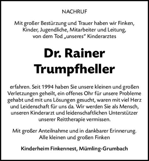 Es wurden 100 trauerfälle gefunden. Traueranzeigen von Rainer Trumpfheller | www.vrm-trauer.de