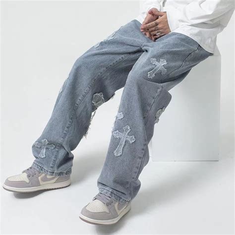 Cross Design Men Streetwear Baggy Jeans Trousers Cross Hip Hop Etsy India